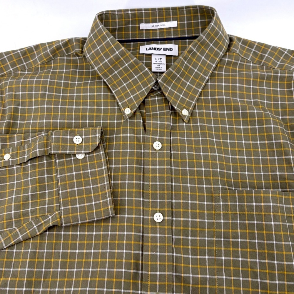 Lands End Mens Large Tall L/T Olive Green No Iron Twill Tattersall Check Shirt